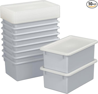 Cubby Storage Bins with Lids, 10-Pack Stackable Plastic Organizer Containers for Pantry, Office, Garage - Nestable with Handles, Light Grey