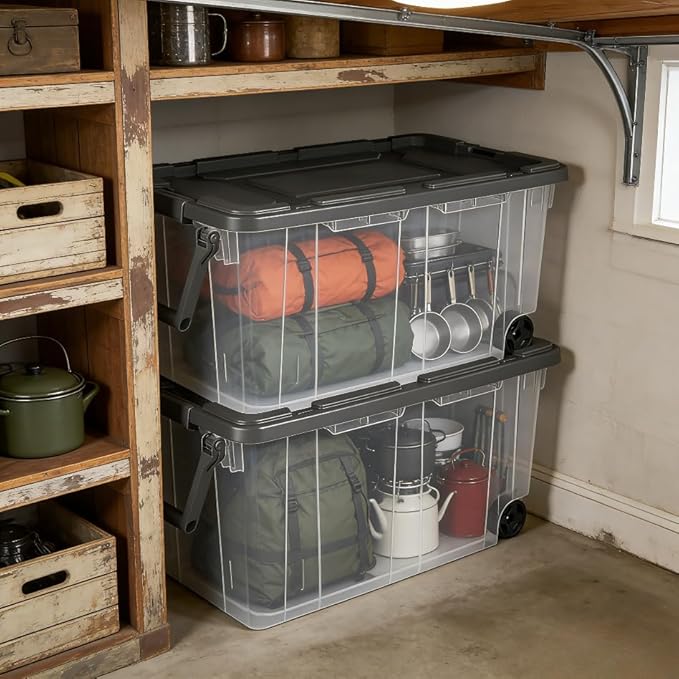 160 Quart Wheeled Stacker, Extra Large Durable Clear Bin, Latch Lid and Pull Handle, Gray, 2 Count