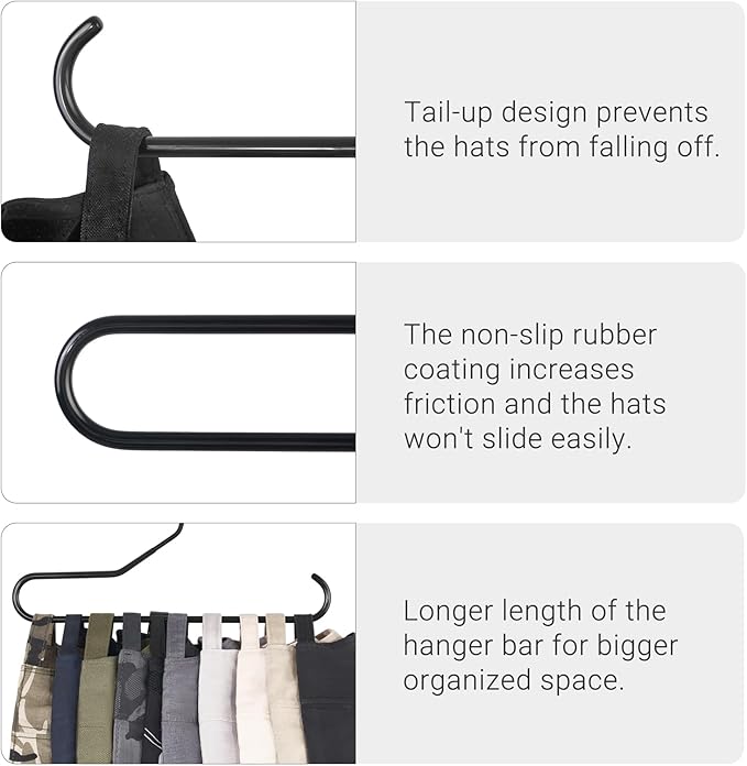 Mkono Hat Organizer for Baseball Caps Metal Hat Rack for Closet Set of 2 Hat Hangers Baseball Cap Holder Hat Storage Organizer Holds 20 Caps, Black