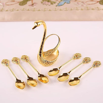 Coffee Spoon Set With Holder, Swan Spoon & Fork Holder, Elegant and Charming Decorative Spoons Organizer Serving Kit, Durable Spoons Coffee Station Storage Organizer(COLOR:Gold)