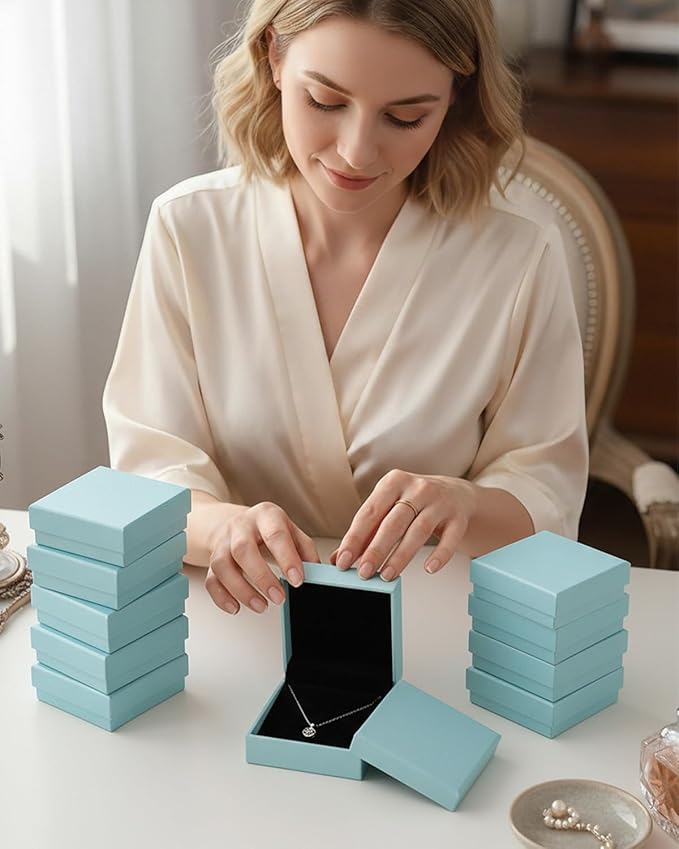 Rocutus Jewelry Gift Boxes for Necklace, Earring, Ring - Cotton Filled Cardboard Paper Jewelry Box Gift Cases for Wedding, 12 Pack Engagement, Gift Packaging, Luxury Jewelry Box, Ring Box (Blue)