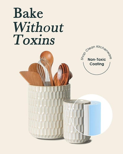 Utensil Holder, 7.5"+5.3" Ceramic Kitchen Utensil Holder for Countertop, Large Cooking Utensil Crock for Kitchen Counter, Set of 2, Beige