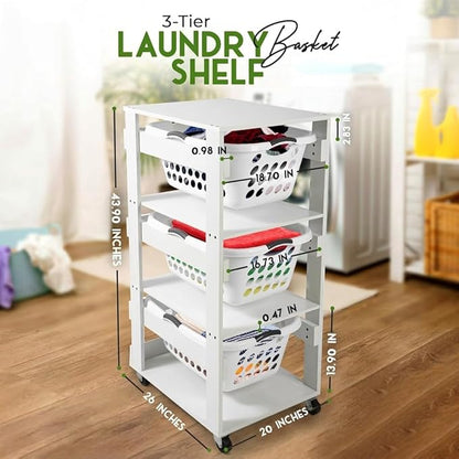 Laundry Basket Holder Shelf – Stackable Engineered Wood Laundry Tower, Tiered Hamper Organizer for Bathroom, Bedroom, Closet (White, 3 Tier)