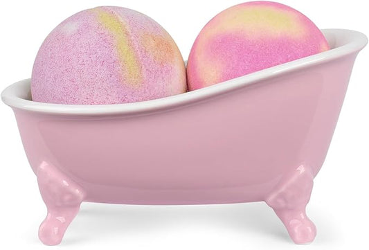 6.1" Vintage Ceramic Mini Decorative Clawfoot Bathtub Bar Soap Dish, Kitchen Sponge Holder and Shower Tray for Bathroom, 1 Pack (Pink)