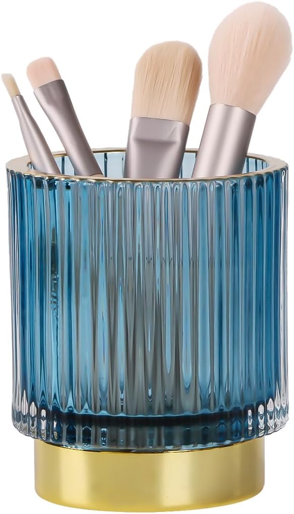 Blue Makeup Brush Holder, Glass Toothbrush Holders for Bathrooms, Gold Pen Holder for Desk, Vintage Make Up Brush Holder Vanity Organizer for Brushes, Lipstick, Eyebrow Pencil
