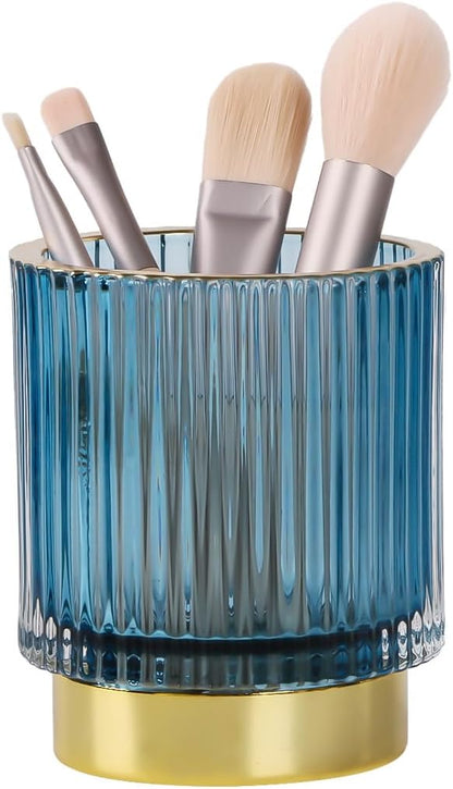 Blue Makeup Brush Holder, Glass Toothbrush Holders for Bathrooms, Gold Pen Holder for Desk, Vintage Make Up Brush Holder Vanity Organizer for Brushes, Lipstick, Eyebrow Pencil