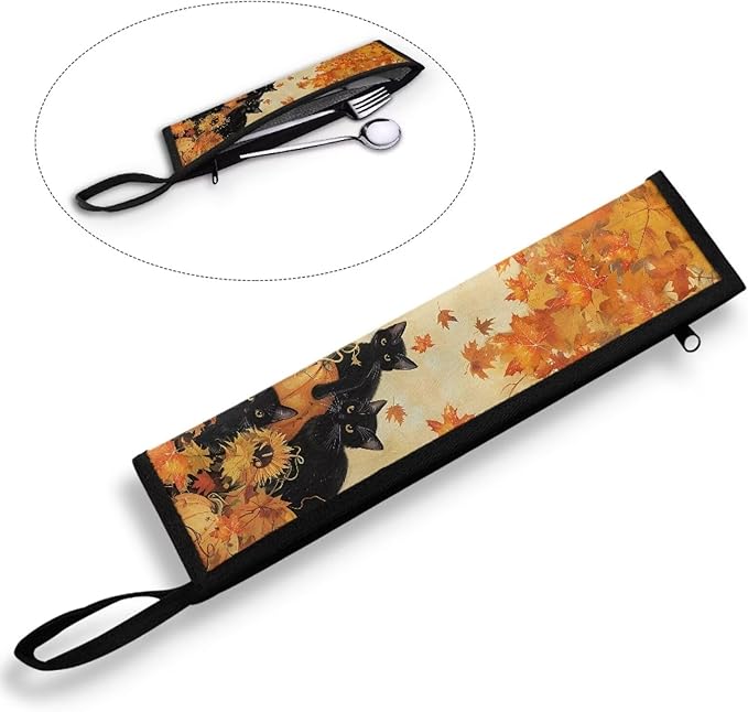 COEQINE Fall Portable Travel Utensil Case Lightweight Cute Black Cats Pumpkin Tanksgiving Themes Portable Travel Knife Fork Spoon Organizer Holder for Picnic Outdoor