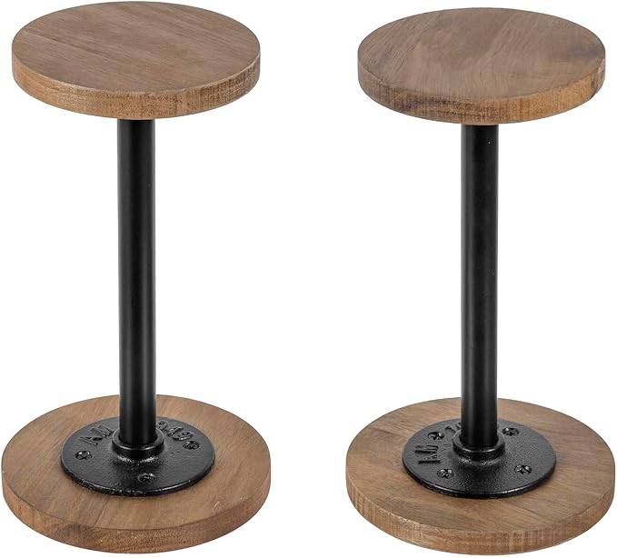 MyGift 2 Pcs Hat Holder Stand, Cowboy Hat Rack, Baseball Cap Organizer Storage with Industrial Metal Pipe, Wig or Jewelry Display Riser, Natural Acacia Wood