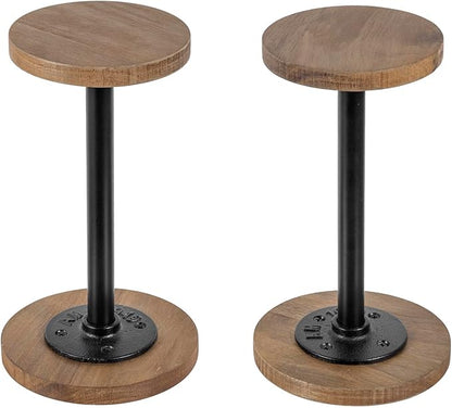 MyGift 2 Pcs Hat Holder Stand, Cowboy Hat Rack, Baseball Cap Organizer Storage with Industrial Metal Pipe, Wig or Jewelry Display Riser, Natural Acacia Wood