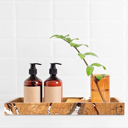 Marble Bathroom Vanity Tray, Natural Luxury Vanity Home Kitchen Bathroom Table Tray, Stone Decorative Countertop Dresser Trays for Key Coffee Perfume Jewelry Makeup (Rainforest Brown, 12"x 8" x1.2")