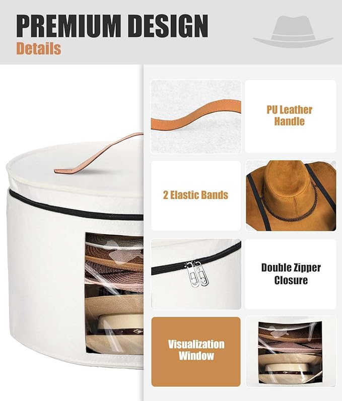 Hat Box, Travel Hat Storage Box, Foldable Space-saving Hats Boxes Organizer for Men & Women Storage, Stackable Hats Carrier Case for Round Brim, Cowboy, Panama, Tweed Caps - White