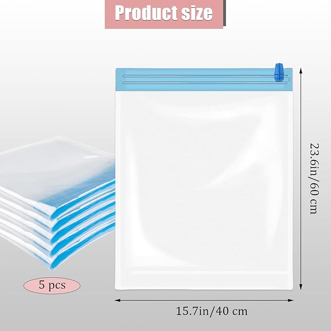 5 Pack Travel Roll up Compression Bag 16 x 24 Inch, Hand-Rolled Packing Vacuum Seal Bags for Travel, Room Saver Vacuum Storage Zipper Bags, Vacuum Sealer Bags Clothes for Luggage Clothing