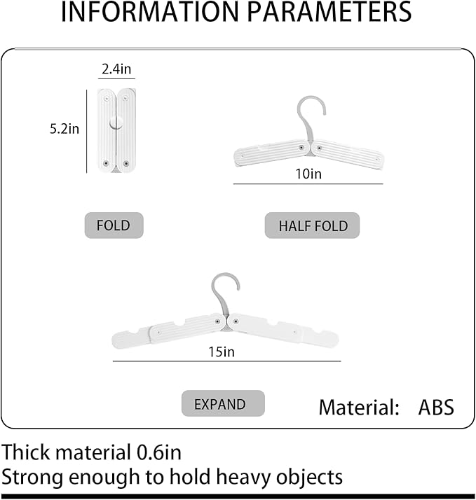 Foldable Travel Hangers, ABS Plastic, Expandable 10-15 Inch, Heavy Duty Clothes Hangers with Space Saving Design for Business Trips (White 3PCS)