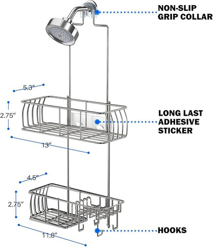 Epicano Anti-Swing Hanging Shower Caddy Stainless Steel 304, Over Head Shower Caddy Rustproof with hooks for Towels, Sponge and more, Chrome
