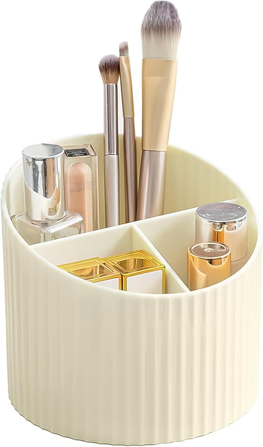 DASITON 3 Slots Makeup Brush Holder, Acrylic Makeup Brush Cup, Vintage Striped Make Up Brush Holder for Vanity Decor, Bathroom Countertops, Desk Storage Container, Cosmetic Display Cases (Cream)