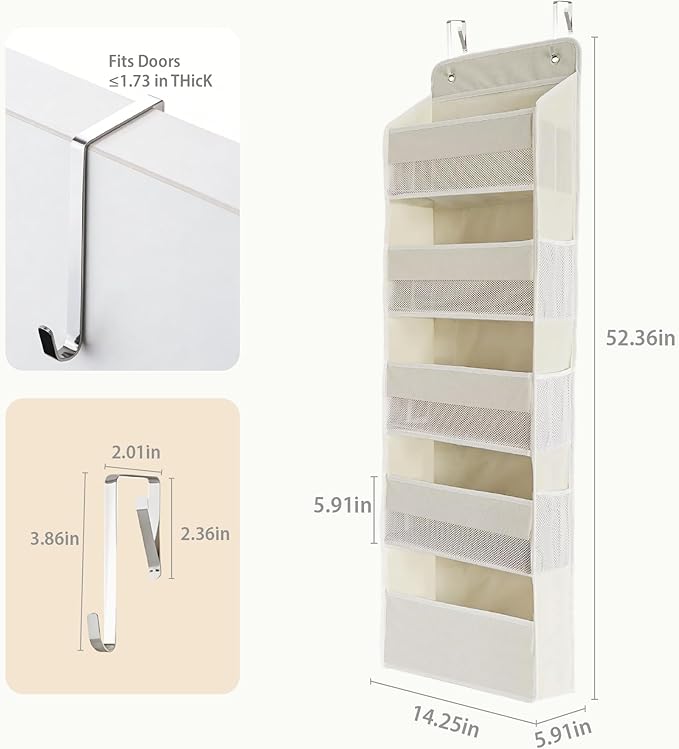 Over the Door Organizer, Door Storage Organizer with Large Capacity Pockets, Hanging Shelves for Bedroom, Closet, Dorm, Pantry (Beige, 5-Tier)
