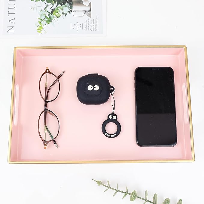 Spsyrine Pink Bathroom Vanity Tray with Handles for Dresser Tops, Countertop, Perfume Decorative Tray, 11.8” * 7.87” *1.37”