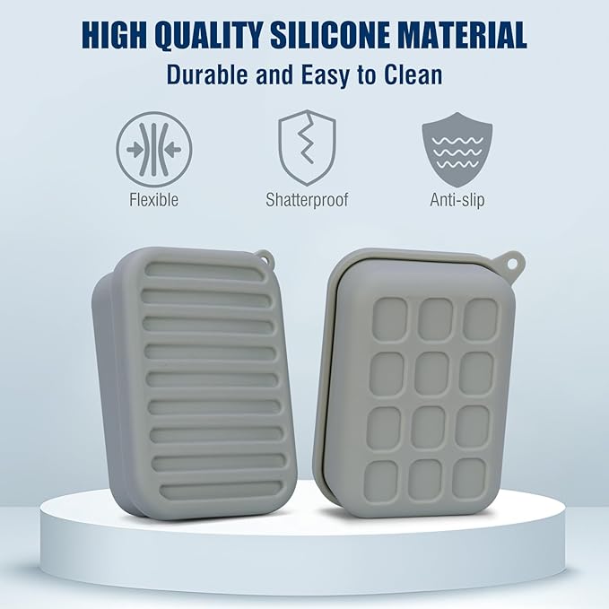 AIMAIAIMAI Leak-Proof Silicone Travel Soap Case with Drainage Lid/Layer, Compact Bar Soap Container, Durable Soap Holder for Camping, Gym, and Travel Size Toiletries (Gray)