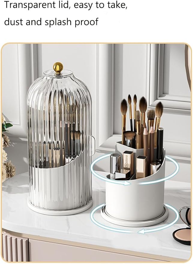 360°Rotating Makeup Brushes holder with Lid，Make Up Organizers and Storage for Vanity Countertop or Bedroom Dresser（Transparent white）