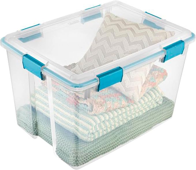 Sterilite 80 Qt Gasket Box, Stackable Storage Bin with Latching Lid and Tight Seal, Plastic Container to Organize Basement, Clear Base and Lid, 1-Pack