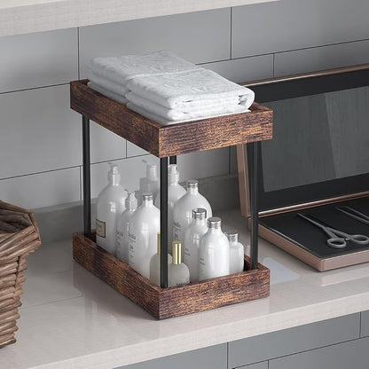 MAHUEEOL 2 Tier Bathroom Organizer Countertop, Wooden Bathroom Trays for Counter Vanity Organizer Cosmetic Storage Vanity Organizer, Coffee Station Organizers, Kitchen Spice Rack