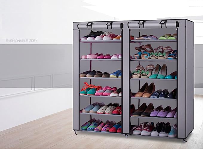45" The Large Shoe Rack with dust Cover Shoe Rack with Covers on The 6-Floor Non-Woven Shoe Cabinet is Used for Closet, Bedroom and Garage, (2 Row 12 Grid Grey)