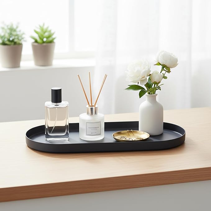 Bathroom Countertop Organizer, 11.8" x 5" Metal Bathroom Tray, Oval Decorative Tray Vanity Tray with Suede Bottom, Perfume Organizer & Jewelry Storage for Spa, Bedroom, Kitchen (Black)