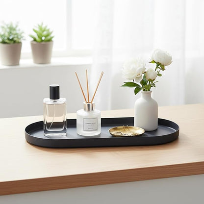 Bathroom Countertop Organizer, 11.8" x 5" Metal Bathroom Tray, Oval Decorative Tray Vanity Tray with Suede Bottom, Perfume Organizer & Jewelry Storage for Spa, Bedroom, Kitchen (Black)