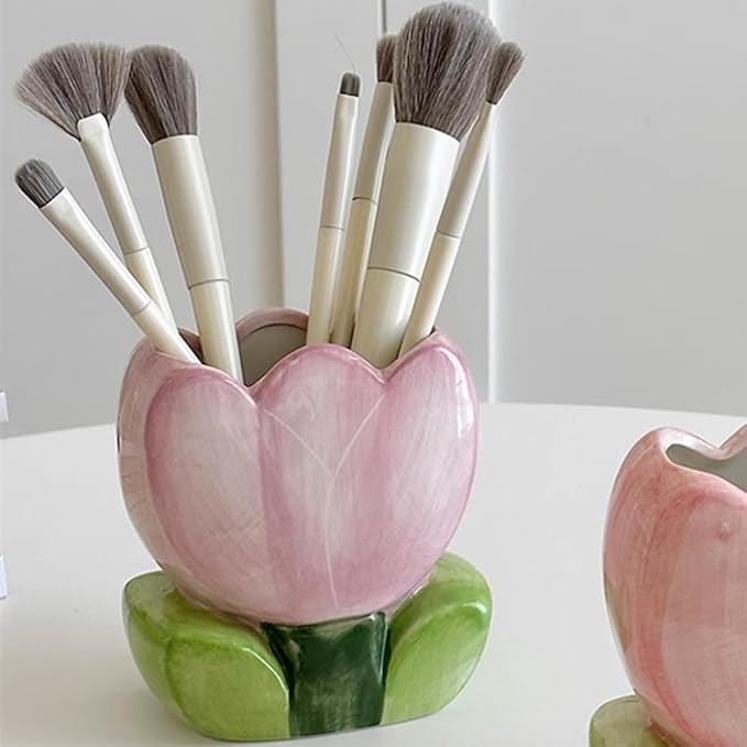 TANG SONG Ceramic Tulip Make up Brush Holder Flower Cosmetic Storage Box Pen and Pencil Holder Desktop Organizers (Purple)