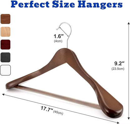 HOUSE DAY Wood Suit Hangers for Men, Smooth Wide Shoulder Wooden Hanger with Non Slip Pant Holder, Wide Hangers for Suits, Coats, Jackets, Heavy Wide Clothes Hanger 2 Pack, Walnut