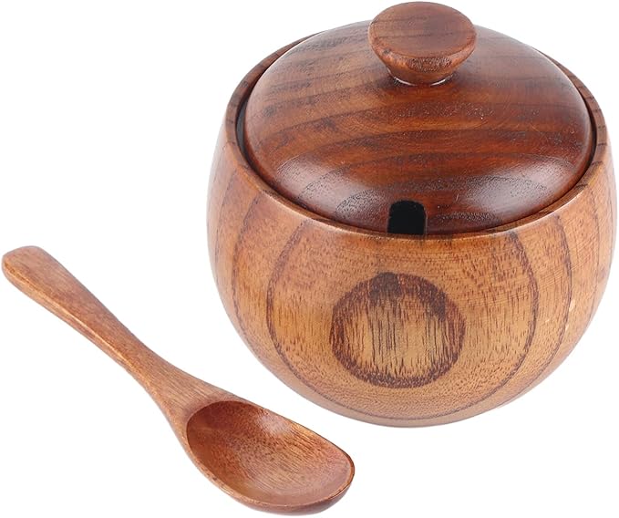 Wood Salt Pepper Bowl, Spice Box with Lid Spoon Salt Cellar Keeper Spice Bowls Cooking Sugar Holder for Kitchen Seasoning Container Holder