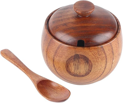 Wood Salt Pepper Bowl, Spice Box with Lid Spoon Salt Cellar Keeper Spice Bowls Cooking Sugar Holder for Kitchen Seasoning Container Holder