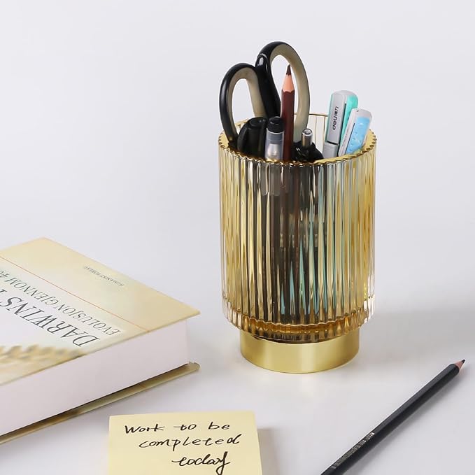 Glass Makeup Brush Holder,Gold Toothbrush Holders,Cute Make Up Brush Cup Holder,Vintage Vanity Makeup Organizer for Bathroom and Desktop (Amber)