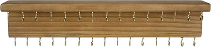 SANY DAYO HOME Jewelry Organizer with 30 Hooks and Cosmetics Shelf, 15 x 3 x 4 inches Wall Mounted Rustic Pine Wood Holder for Necklaces and Bracelets, Suitable for Kids and Adults (Brown)