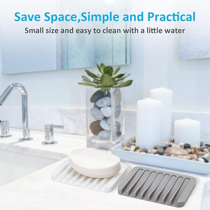 Silicone Soap Dishes for Shower, 3+1 PCS Upgrade Self-Draining Bar Soap Holder, Premium Sponge Holder for Sink, Kitchen, Bathroom, or Counter, Easy Clean, Can Extend Soap Life (White & Gray)