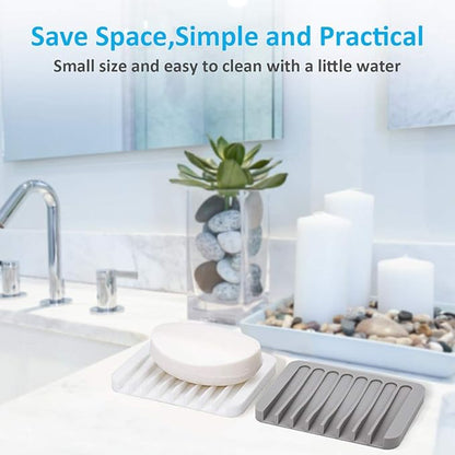 Silicone Soap Dishes for Shower, 3+1 PCS Upgrade Self-Draining Bar Soap Holder, Premium Sponge Holder for Sink, Kitchen, Bathroom, or Counter, Easy Clean, Can Extend Soap Life (White & Gray)