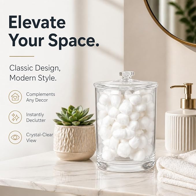 ForPro Clear Acrylic Apothecary Jar with Lid, 60 Oz Shatterproof Bathroom Vanity Organizer, Cotton Ball Holder, Qtip Storage Container Canister for Kitchen, Laundry, Office Decor, 7.75" x 5"