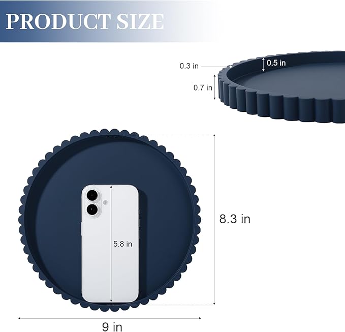 Round Bathroom Tray Silicone Kitchen Counter Decor Vanity Organizer Decorative Coffee Table Tray for Perfume, Candle, Soap Dish, 9 Inch, Dark Blue