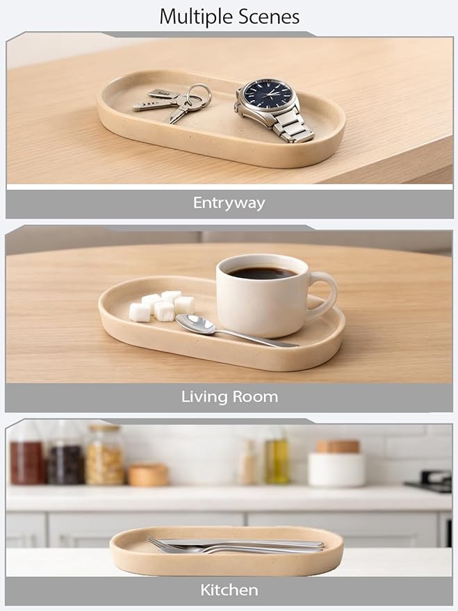 Matte Beige Ceramic Bathroom Tray for Countertop, Minimalist Vanity Organizer Dish for Perfume, Jewelry & Soap, Oval Decorative Tray for Bathroom Sink, Dresser, Coffee Bar or Kitchen Counter