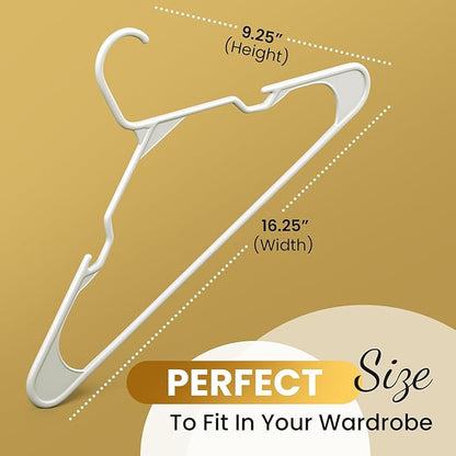 Our Modern Space 100 Pack Adult Plastic Hanger for Shirt Pants Coats Dresses Skirts Suits Jackets - Standard Thick Coat Hanger - Sturdy & Durable Design with Shoulder Grooves Hook - White