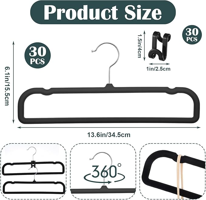 30 Pack Black Velvet Pants Hangers Non Slip, Space Saving Slim Clothes Hanger with 30 Hooks, Strong Durable Flocked Hanger with 360° Swivel Hook for Closet, Jeans, Shirts, Bras, Shorts