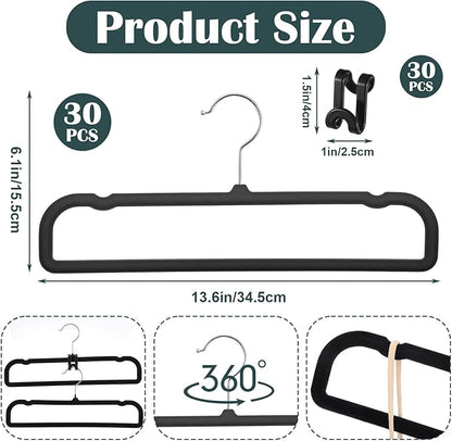 30 Pack Black Velvet Pants Hangers Non Slip, Space Saving Slim Clothes Hanger with 30 Hooks, Strong Durable Flocked Hanger with 360° Swivel Hook for Closet, Jeans, Shirts, Bras, Shorts