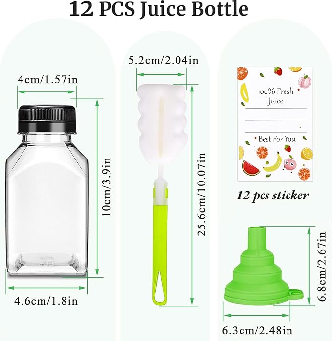 Leaflai Plastic Juice Bottles with Caps 12 pcs - 4oz Reusable Juice Containers with Tamper Proof Lids Black - Clear Bottles for Juicing Milk Smoothie Drinking and Other Beverages Christmas Gifts