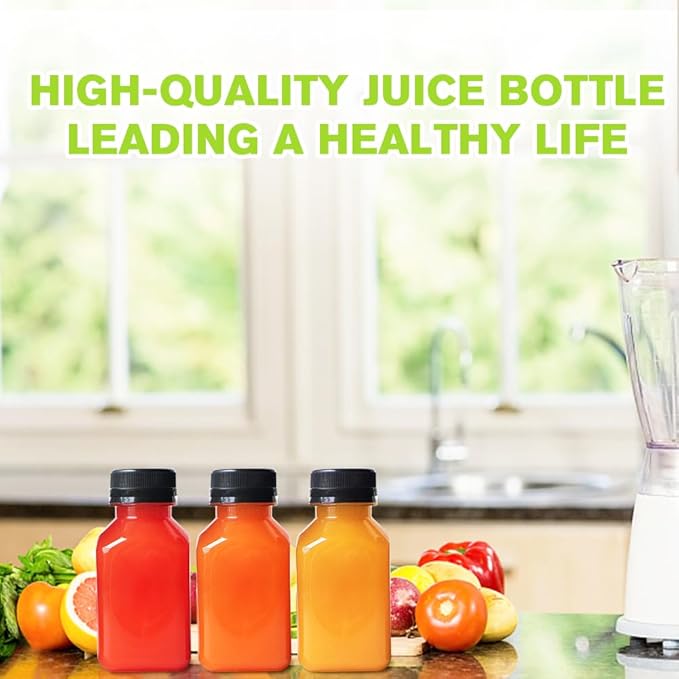 Leaflai Plastic Juice Bottles with Caps 12 pcs - 4oz Reusable Juice Containers with Tamper Proof Lids Black - Clear Bottles for Juicing Milk Smoothie Drinking and Other Beverages Christmas Gifts