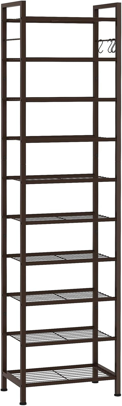 usikey 10 Tiers Narrow Shoe Rack 20-30 Pairs, Sturdy Metal Tall Shoe Rack Shelf with 4 Hooks, Slim Shoe Storage with Metal Shelf, Space Saving Vertical Shoe Organizer for Entryway Bronze UNYXJX018A