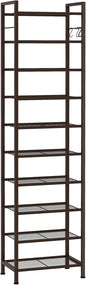 usikey 10 Tiers Narrow Shoe Rack 20-30 Pairs, Sturdy Metal Tall Shoe Rack Shelf with 4 Hooks, Slim Shoe Storage with Metal Shelf, Space Saving Vertical Shoe Organizer for Entryway Bronze UNYXJX018A