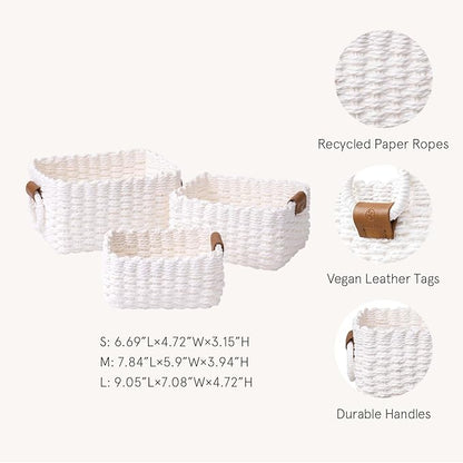 LA JOLIE MUSE Woven Storage Baskets for Organizing, Recycled Paper Rope Basket Bin Divider for Makeup Towel Shelf Cupboards Drawer Closet Dresser, Decorative White Storage Basket Set of 3