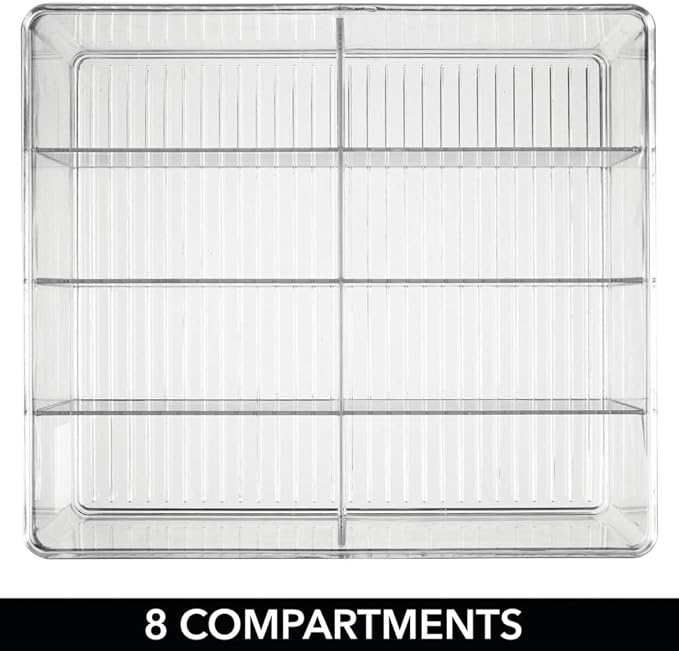 mDesign Plastic Extra Wide Storage Organizer Bin Box for Kitchen, Pantry, Cabinet, Countertop - Tea Bag, Sugar Packet, Coffee Snack, Condiment Holder, 8 Sections - Ligne Collection - Clear