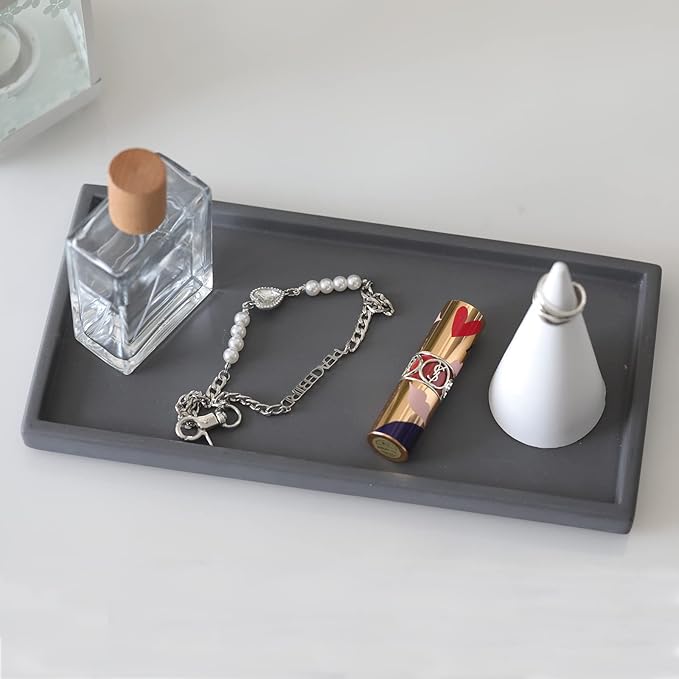 FREELOVE Concrete Decorative Trays for Perfume Cosmetic Bottles Jewelry Jar Candle, Cement Serving Tray for Bathroom Vanity Counter Coffee Table Toilet Tank (Dark-Grey, Rectangle 5.3''X11'')