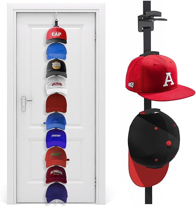 Hat Organizer for Baseball Caps, Over the Door Hat Rack with 10 Display Hooks and Hanger, 2-Way Hanging Hat Storage and Hat Holder for Bedroom, Entryway or Garage Doors – 1 Pack